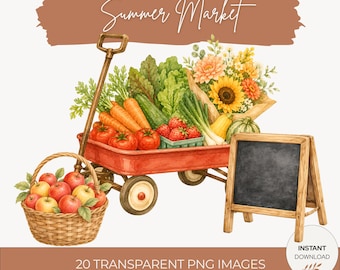 Farmers Market Clipart Bundle, 20 Watercolor PNG, Fruit Vegetable Bakery Cottage Kitchen Graphics