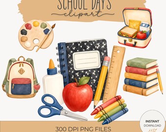Back To School Clipart Set, 34 PNG Files For Teachers, Classroom Decor, Planner, Apples, Backpacks & First Day Signs