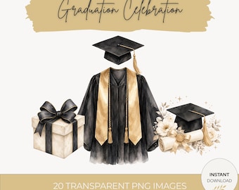 Clipart per la festa di laurea, pacchetto PNG di laurea ad acquerello, motivi floreali neri e oro per studenti dell'ultimo anno 2026 (uso commerciale)