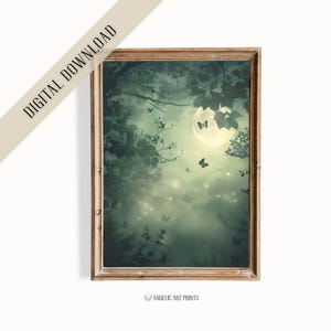 Sage Green Forest - Butterflies In The Dark - Gothic Dark Romantic Wall Art - Enchanted Forest Digital Print - Witchy Forest Aesthetic