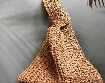 Handmade Raffia Knot Bag: Tan Crochet Japanese Wrist Purse