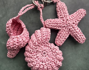 Virkad Raffia Snäckskal Nyckelring: Nautisk Ocean Väska Berlock - Set om 3