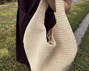 Crochet Raffia Hobo Bag: Handmade Beige Straw Shoulder Tote