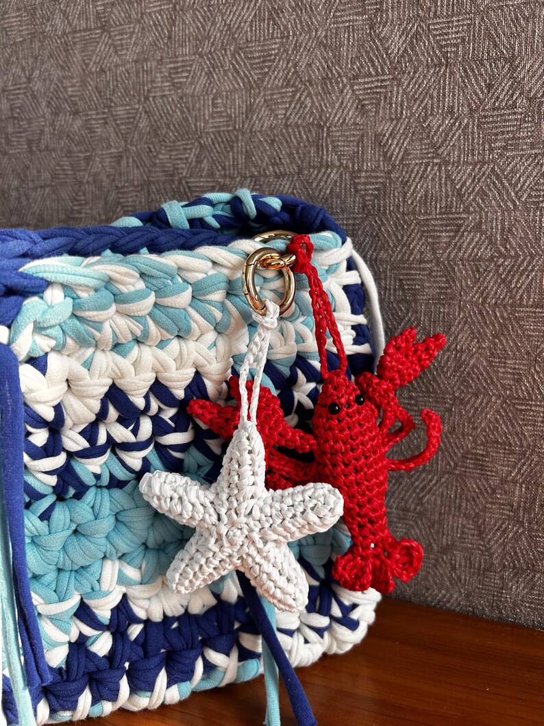 May include: A square crochet bag featuring a striped pattern of dark blue, light blue, and white yarn. Attached to a gold-toned metal ring on the bag are two crochet charms: a white five-pointed starfish and a bright red lobster with black eyes.
