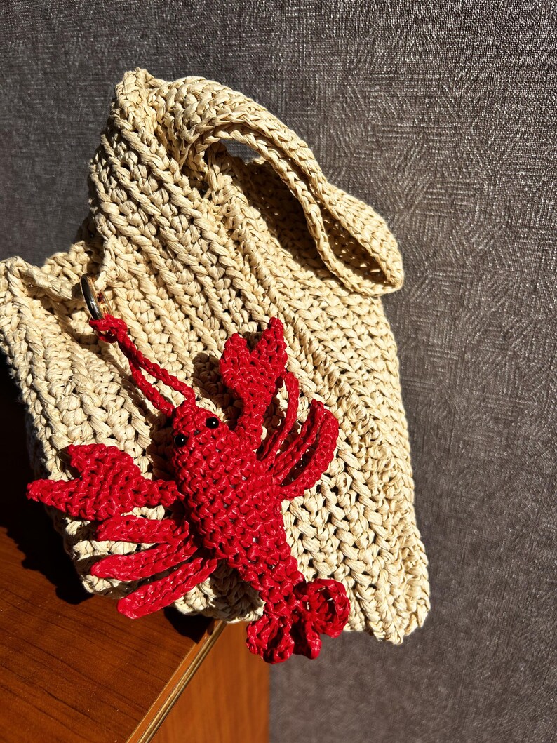 Raffia Lobster Keychain Handmade Nautical Bag Charm Marine Accessory image 8