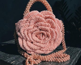 Crochet Rose Purse Circular Floral Handbag Metal Loop Handle Evening Flower Bag