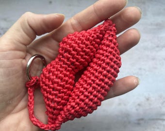 Crochet Raffia Lips Keychain, Handmade Red Bag Charm