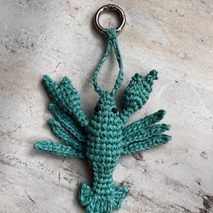 May include: A teal crochet lobster keychain featuring a textured, knotted cord construction with two small black bead eyes and a silver-toned metal ring attached to the top for hanging. The lobster has a central body, a fan-shaped tail, and claws.