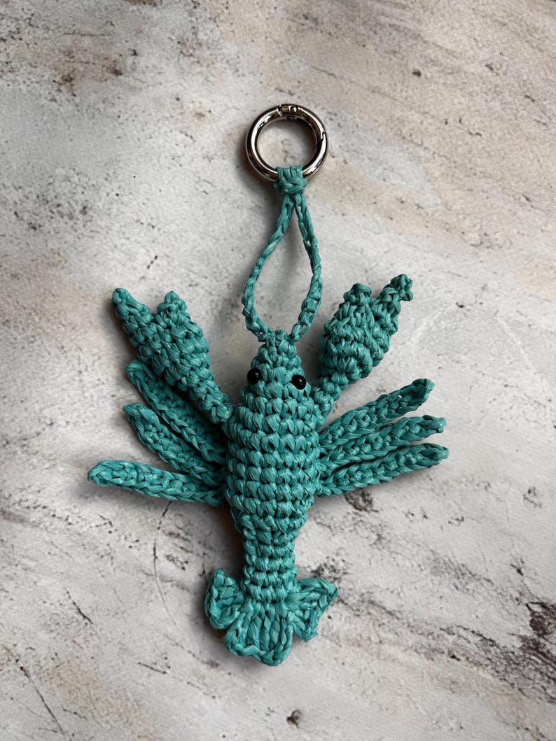 May include: A teal crochet lobster keychain featuring a textured, knotted cord construction with two small black bead eyes and a silver-toned metal ring attached to the top for hanging. The lobster has a central body, a fan-shaped tail, and claws.