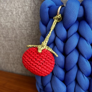 May include: A bright blue handbag constructed from thick, braided fabric tubes. Attached to a gold-toned metal ring on the bag is a small, round, red crocheted charm with a green stem and leaves, dangling from a thin, light green crocheted cord.