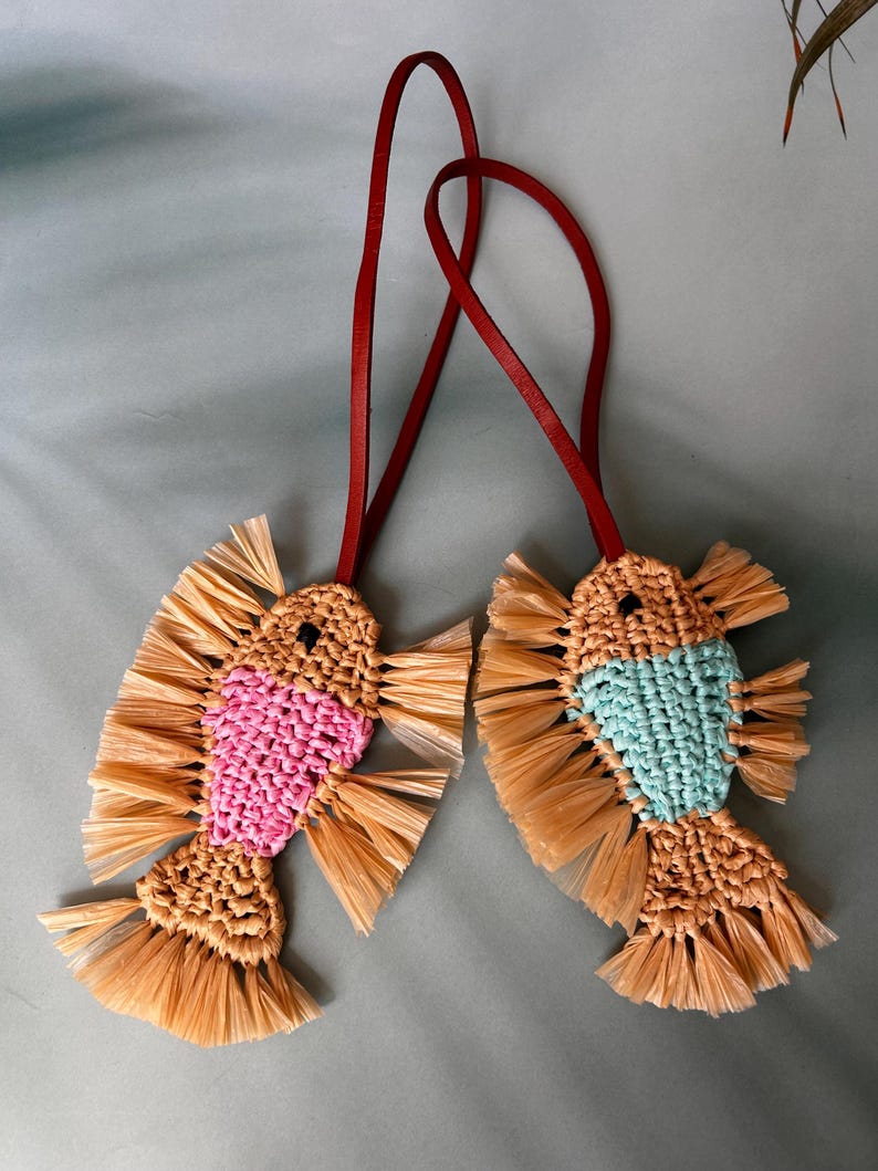 May include: Two fish-shaped ornaments crafted from tan raffia-like material, each featuring a long red leather cord for hanging. One fish has a pink woven center, while the other has a light blue woven center, both with fringed fins and tails.