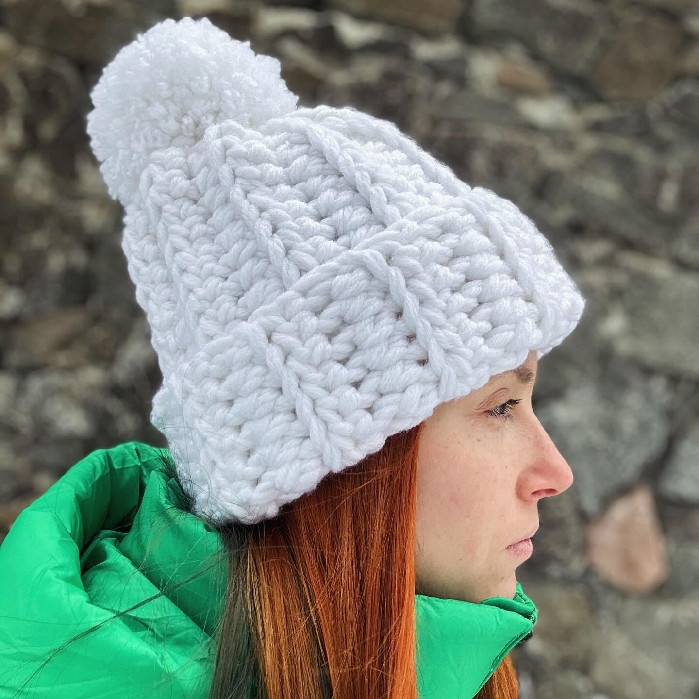 Winter Crochet White Hat With Removable Pom Pom Handmade Chunky