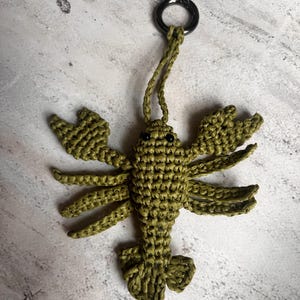 May include: An olive green crocheted lobster keychain featuring a textured body, two large front claws, multiple legs, and a fan-shaped tail. The lobster has two small black bead eyes and is attached to a circular silver-toned metal ring.