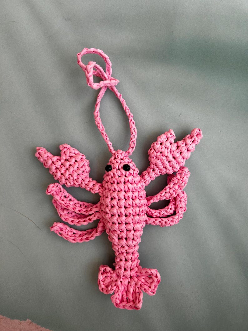 May include: A pink crocheted lobster ornament featuring a textured, knotted yarn construction, two black bead eyes, multiple articulated legs, large front claws, and a looped string at the top for hanging, crafted in a vibrant solid pink color.