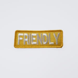 May include: A rectangular yellow embroidered patch with the word "FRIENDLY" in white capital letters. The patch has a yellow border and is set against a white background. This patch is suitable for jackets, bags, or other fabric items.