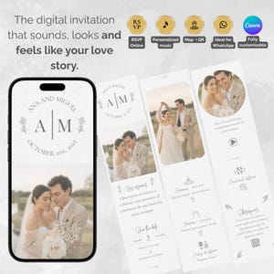 Bearbeitbare digitale Hochzeitseinladung in Canva | Musik, RSVP, Countdown und QR inklusive | Liste für WhatsApp, E-Mail und soziale Netzwerke