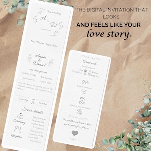May include: Two white wedding invitation cards with elegant floral designs and text. The cards include details such as the couple's names, event details, dress code, and RSVP information. The text "THE DIGITAL INVITATION THAT LOOKS AND FEELS LIKE YOUR love story" is also present.