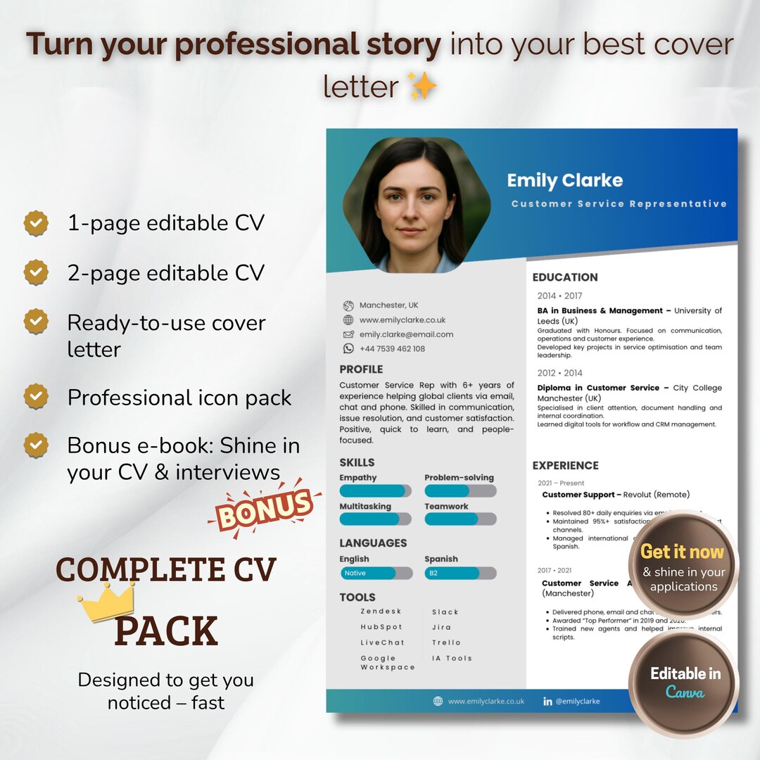 Complete Cv Examples Complete CV Template 2025 | Editable Canva Resume + Cover Letter ...