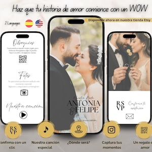 Puede incluir: Tres smartphones muestran contenido temático de boda. El teléfono central muestra una pareja abrazándose, con los nombres "ANTONIA & FELIPE" y "BARCELONA, ESPAÑA". Los otros teléfonos presentan texto e iconos relacionados con la boda.