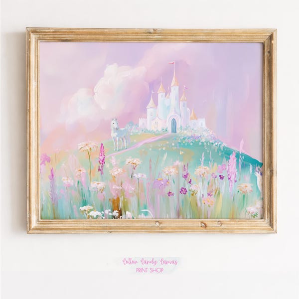 Printable Castle Unicorn Nursery Wall Art, Dreamy Fairy Tale Painting, Pastel Princess Kids Room Decor, Digital Download 677