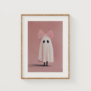 Pink Ghost Halloween Art Print, Halloween Decor, Preppy Trendy Printable Art, Coquette Aesthetic, Ghost with feet painting, Girls room decor
