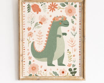 Floral Dinosaur Digital Wall Art : Boho Girls Instant Download Print, 5 sizes