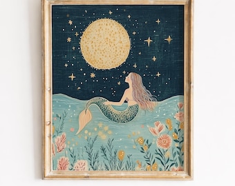 Dreamy Mermaid Moon Scene Printable – Vintage Fairytale Ocean Art (Digital Download)