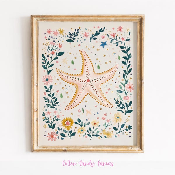 Coastal Starfish Art Print – Pastel Watercolor Folk Style (Digital Download)