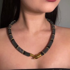 Black Gold Necklace, Handmade Snake Crochet Rope, Statement Necklace, Office to Evening Jewelry, Luxury Unique Gift for Her