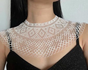 Victorian Statement Necklace, White Beaded Collar Necklace, Lace Bib Necklace, Handmade Couture Jewelry, Elegant Gothic Necklace Gift