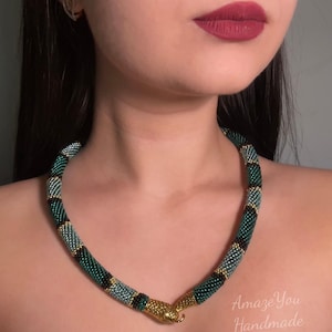 Statement Snake Necklace, Emerald Turquoise Tones, Crocheted Beaded Choker, Czech Glass Beads - Luxury Gift