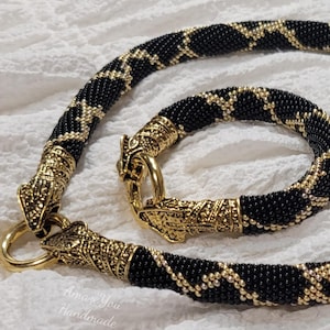 Snake Necklace and Bracelet Set, Black Gold Beaded Jewelry, Snake Head Clasp, Python Jewelry, Statement Jewelry Gift for Her