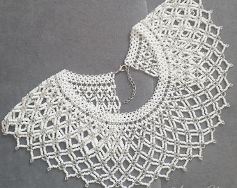 Bridal Beaded Lace Choker, White Statement Collar Necklace, Handmade Czech Bead Wedding Jewelry, Elegant Wide Necklace Bride, Gift ready