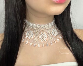 Beaded Lace Collar Necklace, Victorian Statement Choker, Bridal Wedding Necklace, Wide Glass Bead Handmade Jewelry