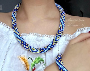 Handmade Blue Yellow Beaded Rope Necklace Bracelet Set, Ukrainian Geometric Ethnic Jewelry