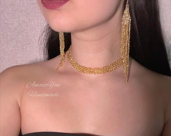 Gold Beaded Choker and Earrings Set, Handmade Jewelry Gift, Women Elegant Czech Glass Accessory, Adjustable Necklace for her