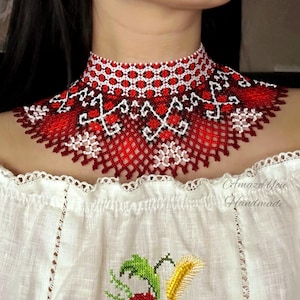 Handmade Ukrainian Beaded Necklace, Red White Ethno Choker, Modern Traditional Jewelry for Everyday Wear