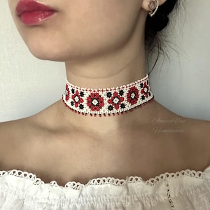 Floral choker. Handmade of red, white, and black glass beads. Gift Box