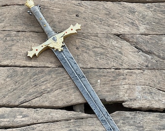 Handmade Damascus Steel Templar Sword: Medieval Style with Leather Sheath
