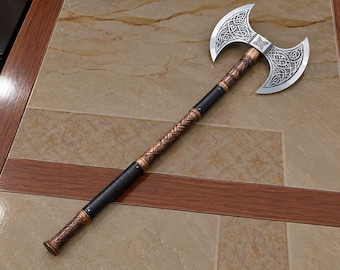 Handcrafted Double-Headed Viking Axe, Norse Engraved Medieval Display Piece