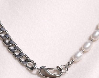 Half Pearl Half Chain Necklace | Stainless Steel Rhodium plated & Freshwater Pearl Necklace | Modern Mixed Jewelry Gift for Her