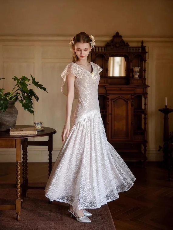 drop waist vintage wedding dress Miss Circle Women Umay White Satin Corset Bridal Gown this wedding dress features a flattering drop waist design that elongates the silhouette Jordan Drop Waist Wedding Dress