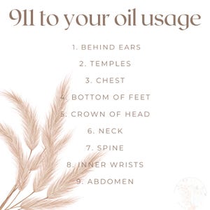 May include: A list of nine areas on the body where essential oils can be applied. The list includes behind ears, temples, chest, bottom of feet, crown of head, neck, spine, inner wrists, and abdomen. The list is written in white text on a light brown background with a decorative image of dried grass.