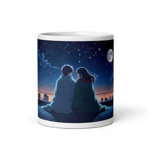 Starry Night Anime Mug, Kawaii Anime Couple Mug, Moonlight Skyline Mug, Anime Lover Gift, Fanart Anime Mug, 11oz Ceramic Mug