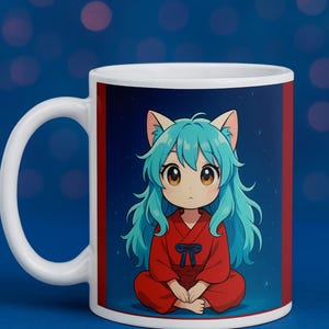 Chibi Cat Girl Under the Stars, Cozy Kawaii Mug with Blue Hair Anime Cutie in Red Kimono