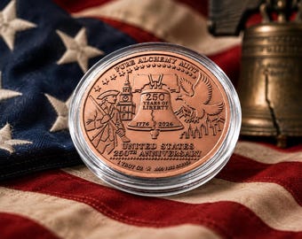2026 USA 250th Anniversary Copper Round – 1 oz .999 Fine Copper | Liberty Bell & Eagle | Pure Alchemy Mint | Collector Coin