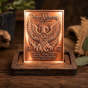 May include: A rectangular copper bar featuring an embossed phoenix design, the text Pure Alchemy Mint, and the chemical symbol Cu 29. The bar is marked One Pound, .999 Fine Copper, and 2026, and is displayed upright in a dark wooden stand.