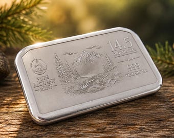 14.5 Troy Oz .999 Fine Silver Bar | Laser Embossed Mountain Design | Satin Finish & Polished Edge | Handcrafted Silver Bullion Bar