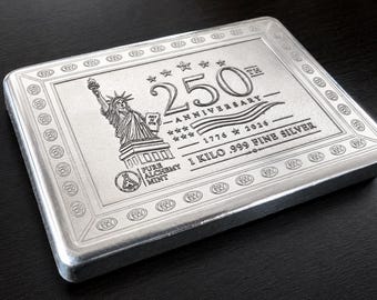 1 Kilo .999 Fine Silver Bar | USA 250th Anniversary | Handcrafted | Laser Engraved | Pure Alchemy Mint | Collector Bullion