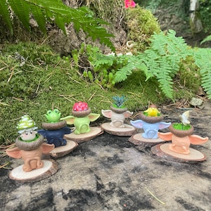 May include: A collection of whimsical figurines, each featuring a unique character with acorn caps and wooden bases. The figurines are in various colors, including green, blue, and peach, and are set against a natural, mossy backdrop.